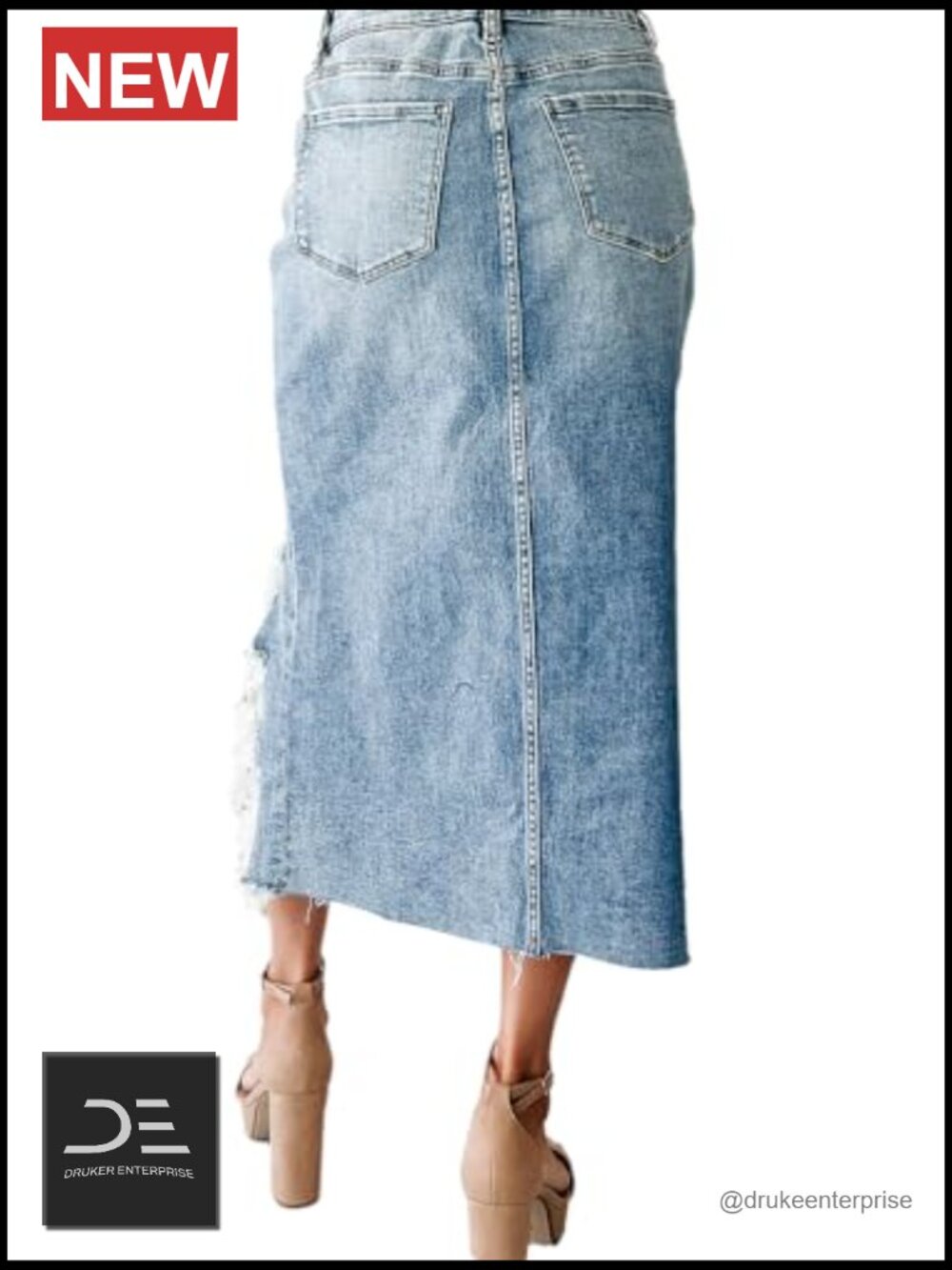 Preppy Ripped Slit Denim Skirt Frayed Raw Hem Asymmetrical Midi Western Jean - Picture 4 of 5